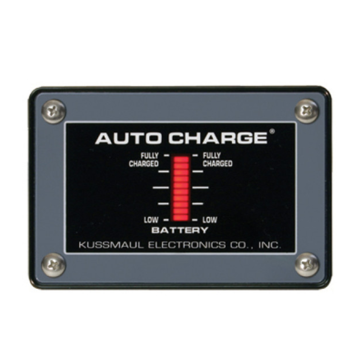Kussmaul Electronics Auto Charge battery monitor with a black faceplate and red battery level indicator for use with Auto Charge 1000 PLC & Auto Charge 35/10