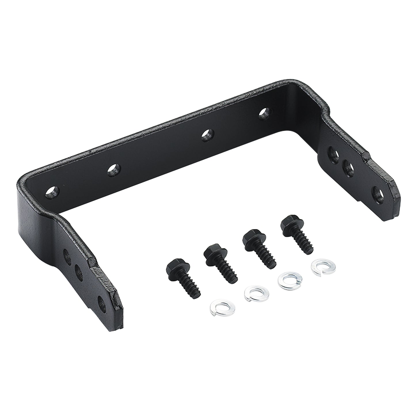 Black metal bracket with screws and washers on a white background