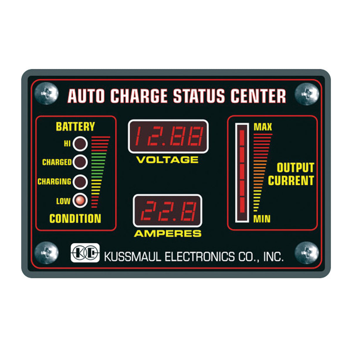Kussmaul Electronics Auto Charge Status Center digital display panel with battery condition indicators, voltage and amperes readouts, and output current meters