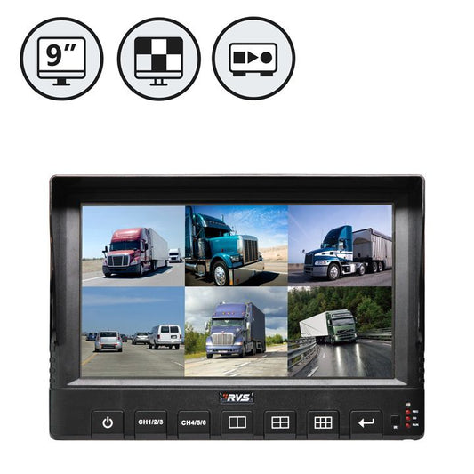Rear View Safety 9" LED 6 Channel Split Screen Monitor with Built-in DVR